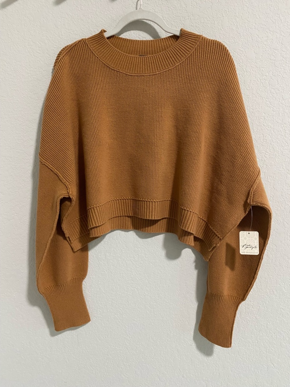 NWT Free People Cropped Ribbed Knit Sweater - Caramel Brown